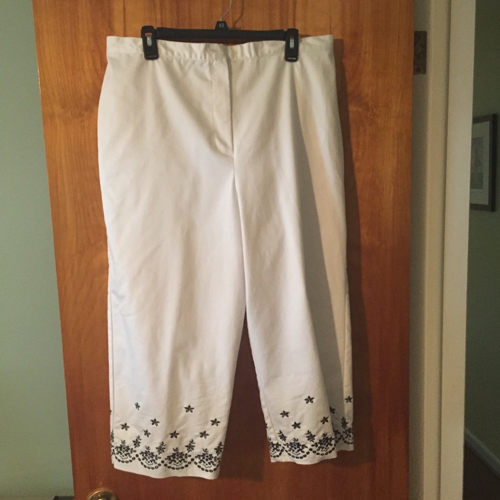 White Capris with Black Embroidery at Hem